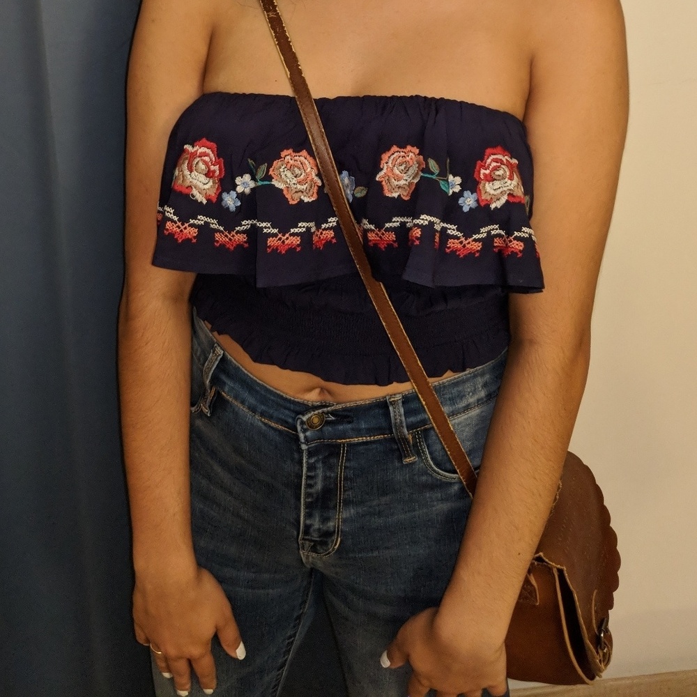 Floral Print Off the Shoulder Embroidered Top